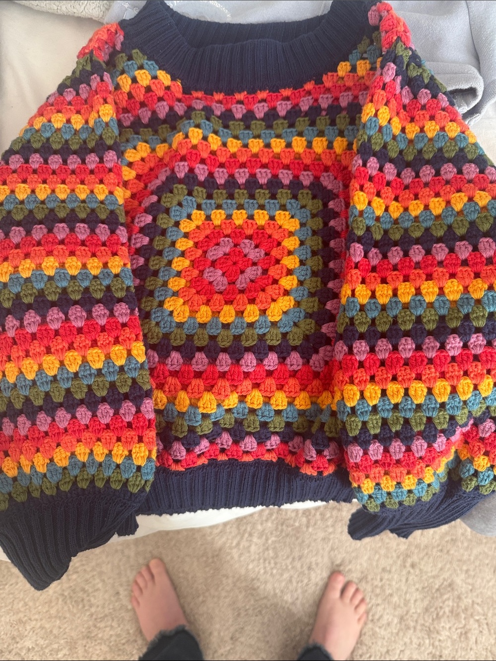 FARM Rio Multicolor Crochet Square Crewneck Sweater